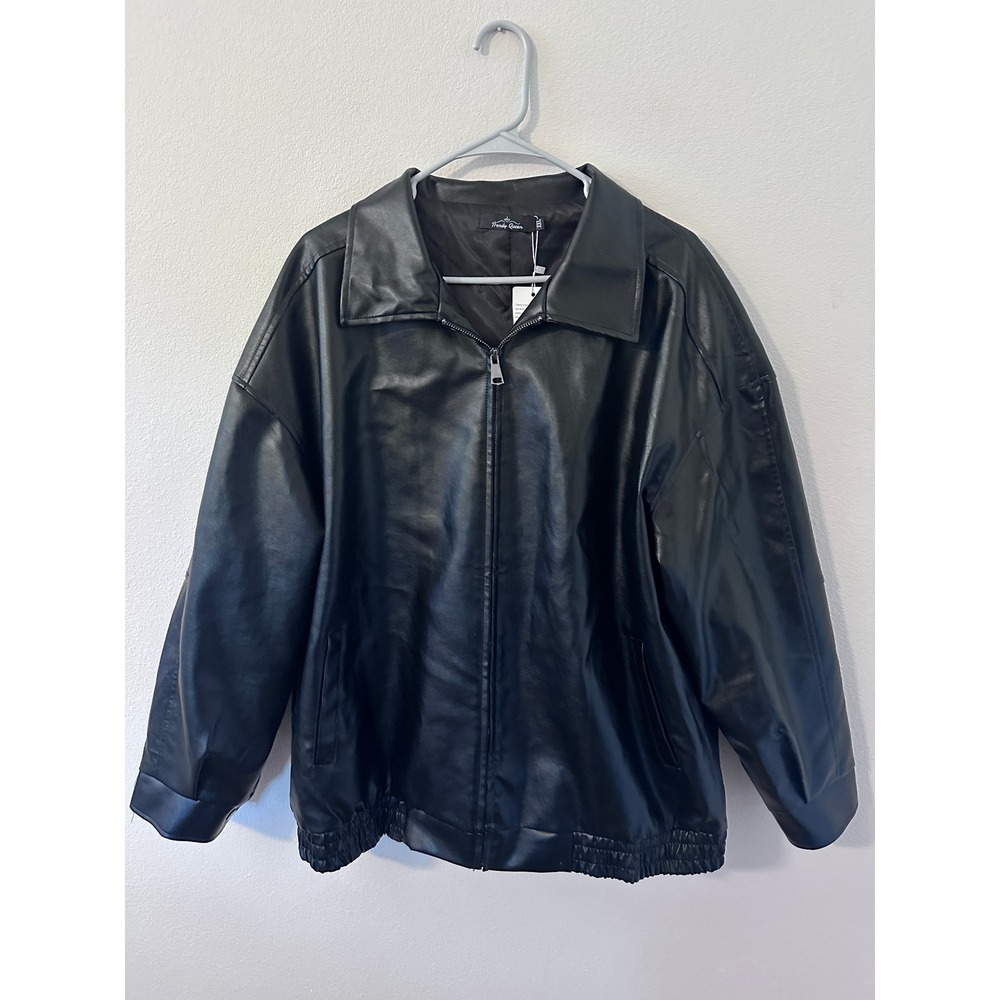 Trendy Queen Faux Leather Bomber Jacket 2XL Black NWT Oversized Zip Up Moto